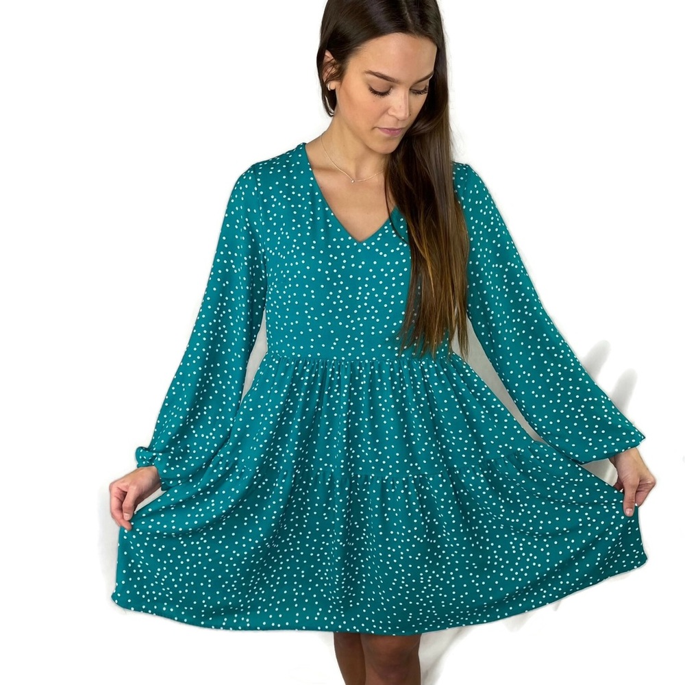 Fancyinn Teal Polka Dot MIDI Boho Dress Fitted Bodice Oversized fit Small